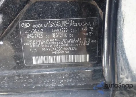 2012 Hyundai Sonata Se из США, поврежденный, VIN 5NPEC4AC9CH449326